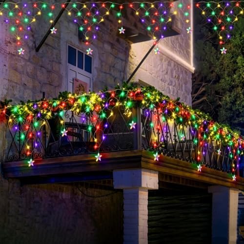 Christmas Net Lights, 13.8 ft 218 LED Outdoor Christmas Decorations Star Curtain Fairy Lights with 11 Drops