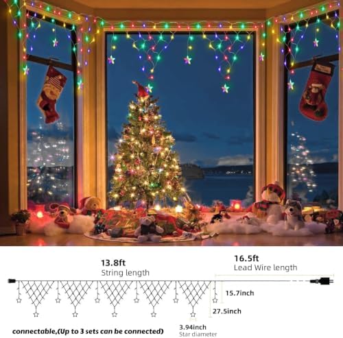 Christmas Net Lights, 13.8 ft 218 LED Outdoor Christmas Decorations Star Curtain Fairy Lights with 11 Drops, alternate view 3