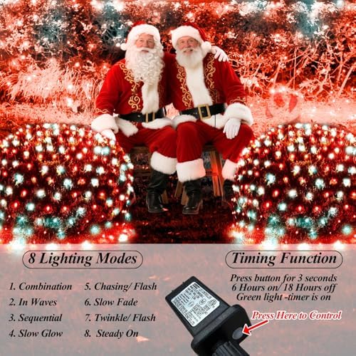 Christmas Net Lights Red & White, 14.8ft x 5ft 300LED Mesh Lights Outdoor Green Wire 8 Modes Timer, Waterproof, alternate
