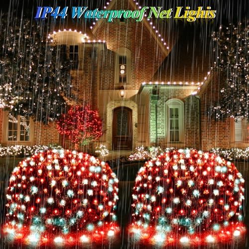 Christmas Net Lights Red & White, 14.8ft x 5ft 300LED Mesh Lights Outdoor Green Wire 8 Modes Timer, Waterproof, alternate