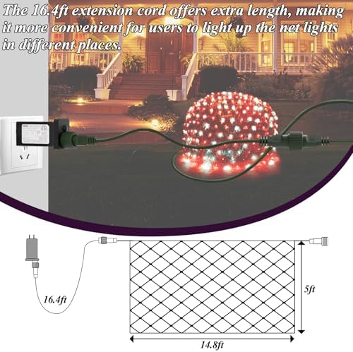 Christmas Net Lights Red & White, 14.8ft x 5ft 300LED Mesh Lights Outdoor Green Wire 8 Modes Timer, Waterproof, alternate