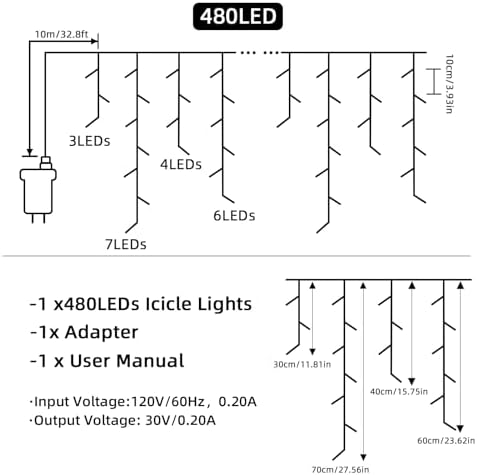 Christmas Outdoor Icicle Lights - 480 LED 66+33 FT 8 Modes Curtain Fairy String Light Plug in, Waterproof for, alternate view