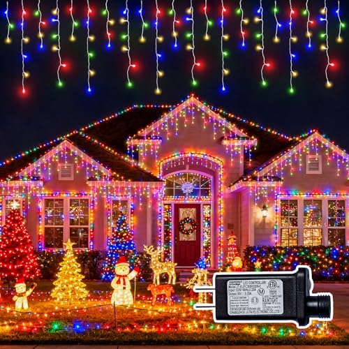 Christmas Outdoor Icicle Lights - 480 LED 66+33 FT 8 Modes Curtain Fairy String Light Plug in, Waterproof for