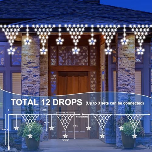 Christmas Outdoor String Lights Waterproof, 218 LED 13.8FT Star Curtain Fairy Lights with 11 Drops Connectable, alternate