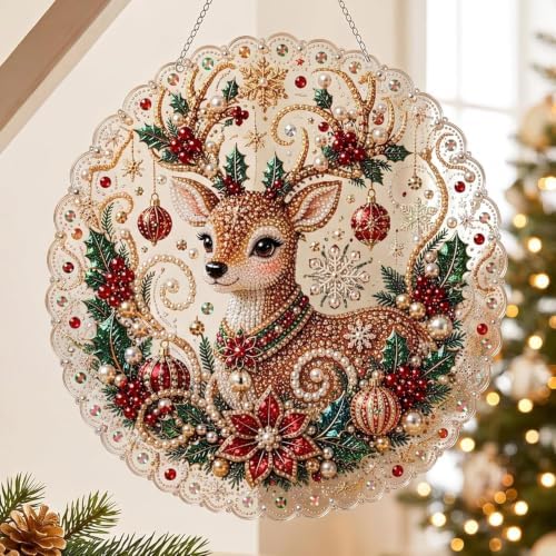 Christmas Pearl Diamond Painting Kit, DIY Craft, Acrylic Round Board with Lace Edge, 3D Sized Pearl Craft. (8in)