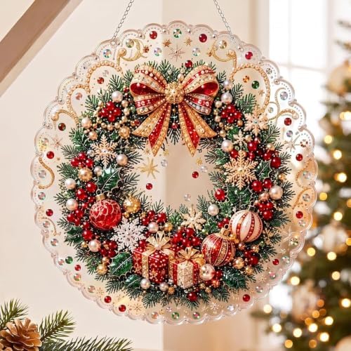 Christmas Pearl Diamond Painting Kit, DIY Craft, Acrylic Round Board with Lace Edge, 3D Sized Pearl Craft. (8in)