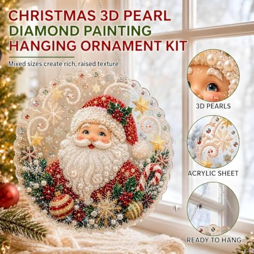 Christmas Pearl Diamond Painting Kit, DIY Craft, Acrylic Round Board with Lace Edge, 3D Sized Pearl Craft. (8in), alternate