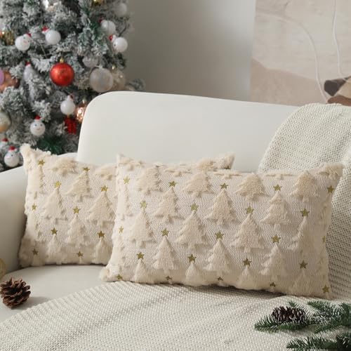 Christmas Pillow Covers 12 x 20 inch Set of 2 Beige Christmas Tree Pillow Covers Decorations Plush Faux Fur Soft