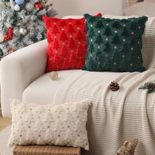 Christmas Pillow Covers 12 x 20 inch Set of 2 Beige Christmas Tree Pillow Covers Decorations Plush Faux Fur Soft, alternate