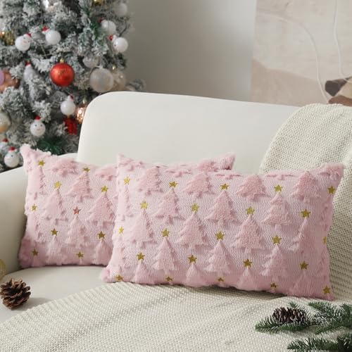 Christmas Pillow Covers 12 x 20 inch Set of 2 Pink Christmas Tree Pillow Covers Decorations Plush Faux Fur Soft