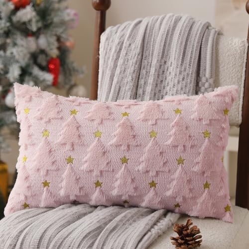 Christmas Pillow Covers 12 x 20 inch Set of 2 Pink Christmas Tree Pillow Covers Decorations Plush Faux Fur Soft, alternate
