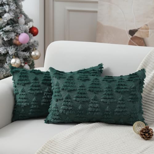 Christmas Pillow Covers 12 x 20 Set of 2 Xmas Decoration Dark Green Christmas Tree Pillow Cases Plush Faux Fur
