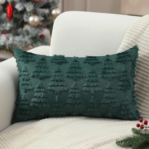 Christmas Pillow Covers 12 x 20 Set of 2 Xmas Decoration Dark Green Christmas Tree Pillow Cases Plush Faux Fur, alternate