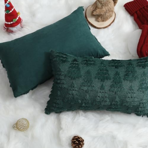 Christmas Pillow Covers 12 x 20 Set of 2 Xmas Decoration Dark Green Christmas Tree Pillow Cases Plush Faux Fur, alternate