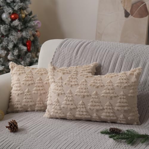 Christmas Pillow Covers 12 x 20 Set of 2 Xmas Decorations Beige Christmas Tree Pillow Cases Plush Faux Fur Soft