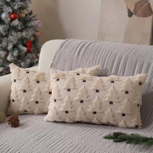 Christmas Pillow Covers 12x20 inch Set of 2 Christmas Decorations Soft Plush Faux Fur Wool Beige Christmas Tree