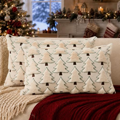 Christmas Pillow Covers 12x20 inch Set of 2 Christmas Decorations Soft Plush Faux Fur Wool Beige Xmas Tree Throw
