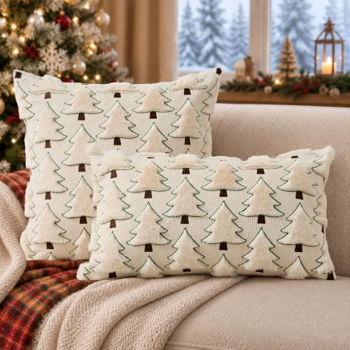 Christmas Pillow Covers 12x20 inch Set of 2 Christmas Decorations Soft Plush Faux Fur Wool Beige Xmas Tree Throw, alternate