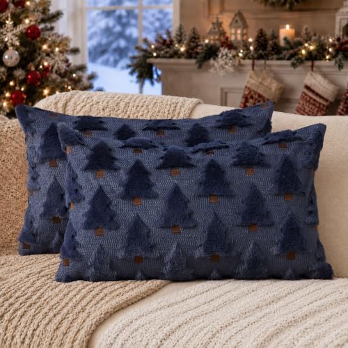 Christmas Pillow Covers 12x20 inch Set of 2 Navy Blue Christmas Decorations Soft Plush Faux Fur Wool Christmas