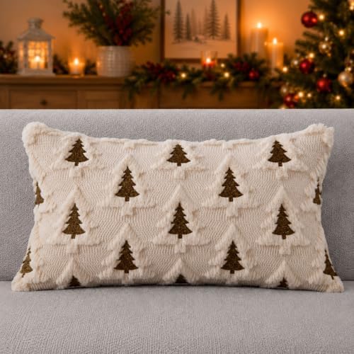 Christmas Pillow Covers 12x20 Set of 2 Beige Brown Xmas Tree Pillow Covers Soft Plush Faux Fur Christmas, alternate view 4