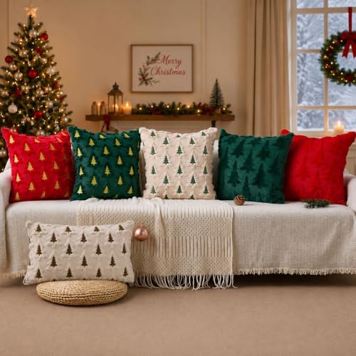 Christmas Pillow Covers 12x20 Set of 2 Beige Brown Xmas Tree Pillow Covers Soft Plush Faux Fur Christmas, alternate view 6
