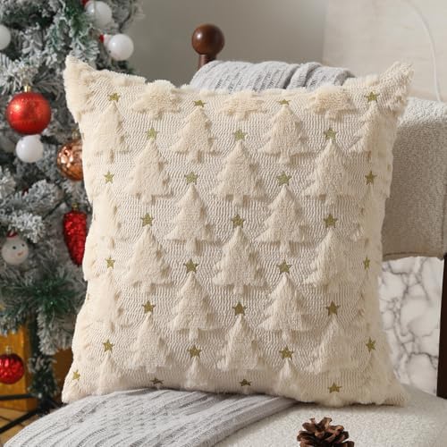 Christmas Pillow Covers 16 x 16 inch Set of 2 Beige Christmas Tree Pillow Covers Decorations Plush Faux Fur Soft, alternate