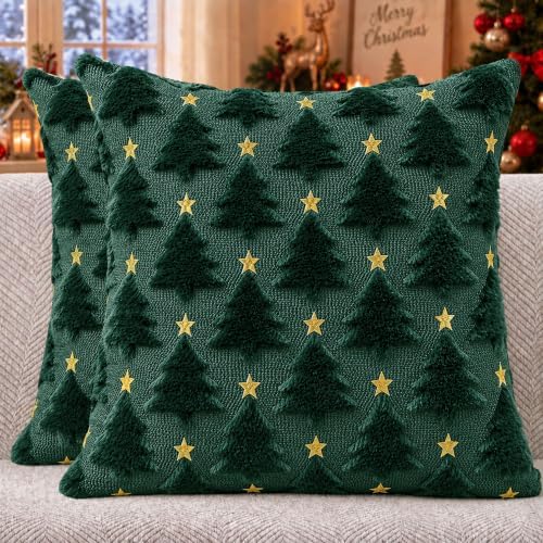 Christmas Pillow Covers 16 x 16 inch Set of 2 Dark Green Christmas Tree Pillow Covers Decorations Plush Faux Fur