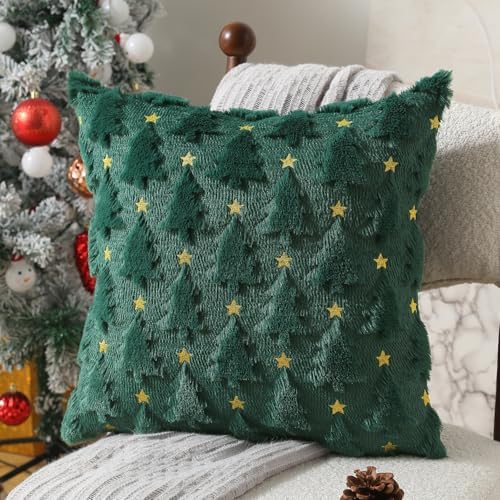 Christmas Pillow Covers 16 x 16 inch Set of 2 Dark Green Christmas Tree Pillow Covers Decorations Plush Faux Fur, alternate