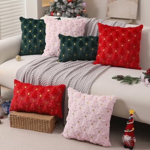 Christmas Pillow Covers 16 x 16 inch Set of 2 Pink Christmas Tree Pillow Covers Decorations Plush Faux Fur Soft, alternate