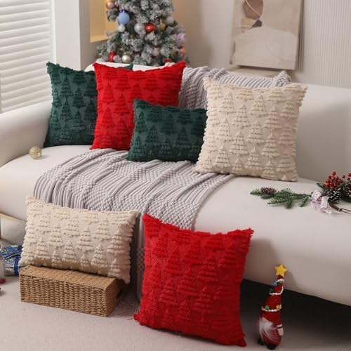 Christmas Pillow Covers 16 x 16 Set of 2 Christmas Decoration Red Xmas Tree Pillow Cases Plush Faux Fur Soft, alternate view