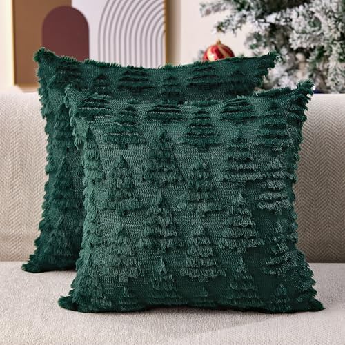 Christmas Pillow Covers 16 x 16 Set of 2 Xmas Decoration Dark Green Christmas Tree Pillow Cases Plush Faux Fur