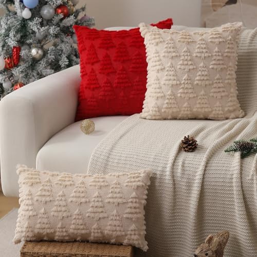Christmas Pillow Covers 16 x 16 Set of 2 Xmas Decorations Beige Christmas Tree Pillow Cases Plush Faux Fur Soft, alternate