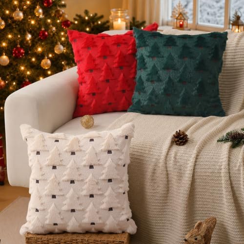 Christmas Pillow Covers 16x16 inch Set of 2 Christmas Decorations Soft Plush Faux Fur Wool Green Christmas Tree, alternate