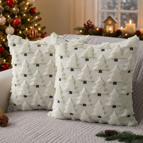 Christmas Pillow Covers 16x16 inch Set of 2 Christmas Decorations Soft Plush Faux Fur Wool Cream White Christmas