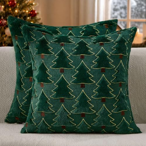 Christmas Pillow Covers 16x16 inch Set of 2 Christmas Decorations Soft Plush Faux Fur Wool Green Christmas Tree
