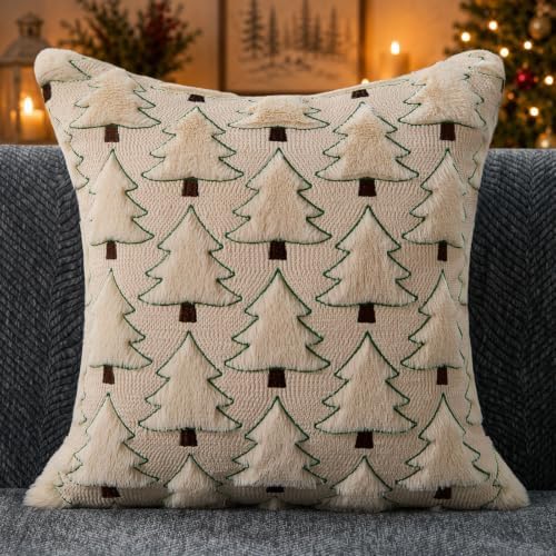 Christmas Pillow Covers 16x16 inch Set of 2 Christmas Decorations Soft Plush Faux Fur Wool Beige Xmas Tree Throw, alternate