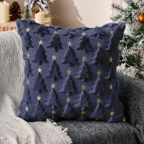 Christmas Pillow Covers 16x16 inch Set of 2 Navy Blue Christmas Tree Pillow Covers Decorations Plush Faux Fur, alternate view