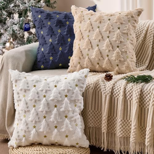 Christmas Pillow Covers 16x16 inch Set of 2 Navy Blue Christmas Tree Pillow Covers Decorations Plush Faux Fur, alternate view