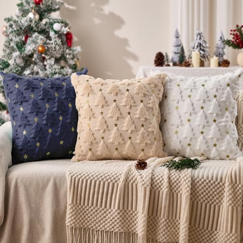 Christmas Pillow Covers 16x16 inch Set of 2 Navy Blue Christmas Tree Pillow Covers Decorations Plush Faux Fur, alternate view