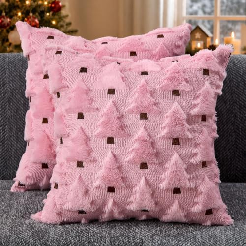 Christmas Pillow Covers 16x16 inch Set of 2 Pink Christmas Decorations Soft Plush Faux Fur Wool Christmas Tree