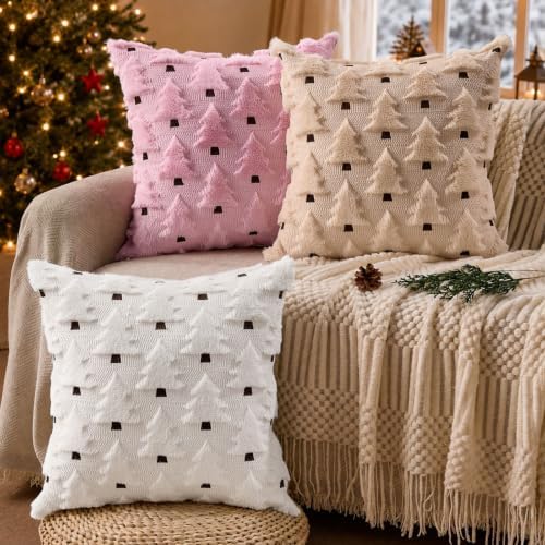 Christmas Pillow Covers 16x16 inch Set of 2 Pink Christmas Decorations Soft Plush Faux Fur Wool Christmas Tree, alternate