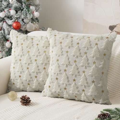 Christmas Pillow Covers 18 x 18 inch Set of 2 Cream White Christmas Tree Pillow Covers Decorations Plush Faux