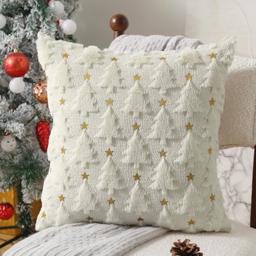Christmas Pillow Covers 18 x 18 inch Set of 2 Cream White Christmas Tree Pillow Covers Decorations Plush Faux, alternate view