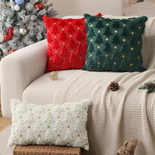 Christmas Pillow Covers 18 x 18 inch Set of 2 Cream White Christmas Tree Pillow Covers Decorations Plush Faux, alternate view