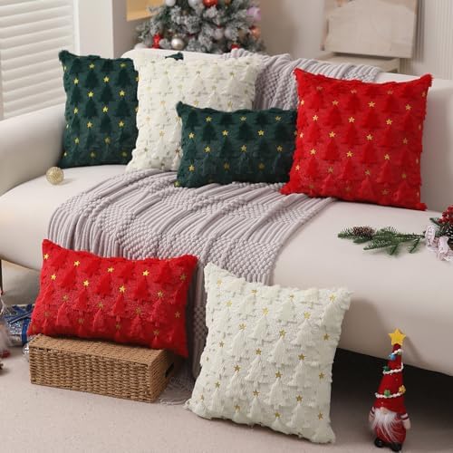 Christmas Pillow Covers 18 x 18 inch Set of 2 Cream White Christmas Tree Pillow Covers Decorations Plush Faux, alternate view