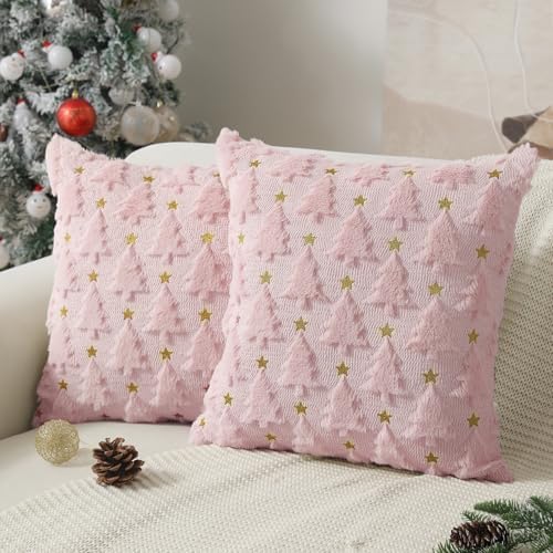 Christmas Pillow Covers 18 x 18 inch Set of 2 Pink Christmas Tree Pillow Covers Decorations Plush Faux Fur Soft