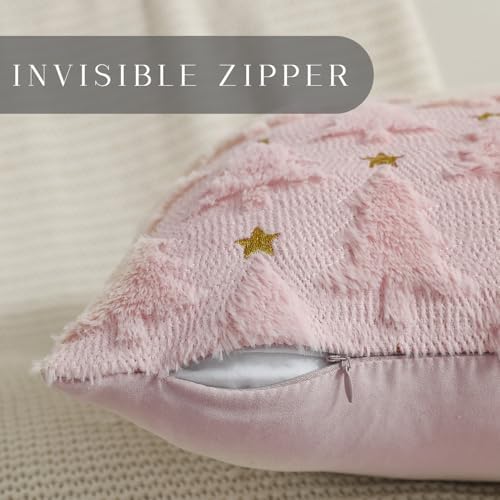 Christmas Pillow Covers 18 x 18 inch Set of 2 Pink Christmas Tree Pillow Covers Decorations Plush Faux Fur Soft, alternate