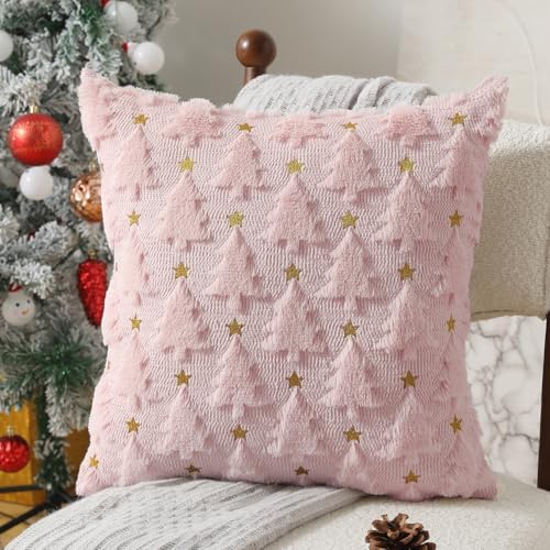 Christmas Pillow Covers 18 x 18 inch Set of 2 Pink Christmas Tree Pillow Covers Decorations Plush Faux Fur Soft, alternate