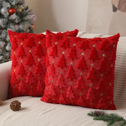 Christmas Pillow Covers 18 x 18 inch Set of 2 Red Christmas Tree Pillow Covers Decorations Plush Faux Fur Soft