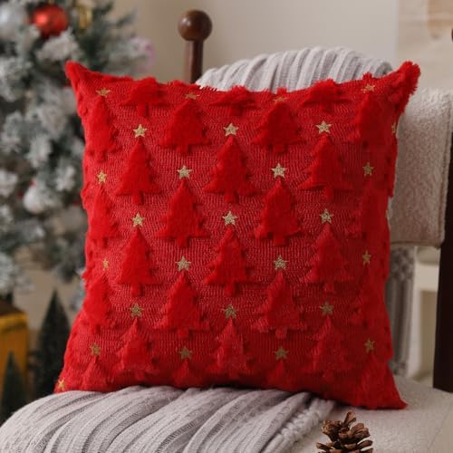 Christmas Pillow Covers 18 x 18 inch Set of 2 Red Christmas Tree Pillow Covers Decorations Plush Faux Fur Soft, alternate